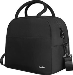 naukay large lunch bag insulated lunch box for women and men, light durable tote bag with adjustable shoulder strap for office work school picnic hiking beach fishing-(black)