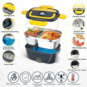Electric Lunch Box, 60W Food Warmer, Heated Lunch Boxes for Adults, Heating Lunch Box for Work, Support 12V/24V/110V for Truck/Car/Work/Home, 304 Stainless Steel Container, Fork/Spoon/Knives, 1.5 L