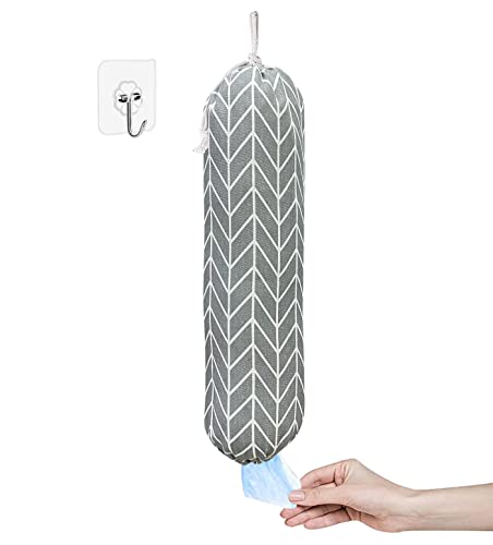 Plastic Bag Holder, Wall Mount Plastic Bag Organizer, Shopping Bags Carrier, Washable Large Grocery Bag Storage Dispenser ​for Home Kitchen Travelling, Free Adjustment with Drawstring, Gray, 22x9"