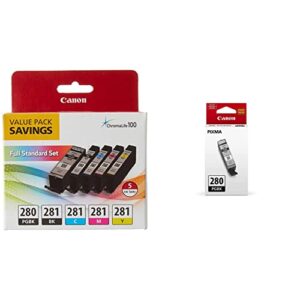 canon pgi-280 / cli-281 5 color ink pack, compatible to ts8120,ts6120,tr8520,tr7520, and ts9120 wireless printers, multi, pgi-280 full standard set & ink cartridge pgi-280 pigment black printer ink