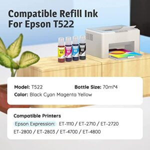 Topkolor Compatible Ink Bottle for 522 T522 Refill Ink for ET-2720 ET-2800 ET-2803 ET-2710 ET-4700 ET-4800 ET-1110 Printer, 4-Bottle