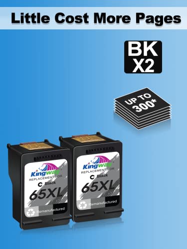 KINGWAY 65 Ink Cartridge for HP Printers, Remanufactured Replacement for 65XL 65 XL to use with Envy 5055 5052 5058 DeskJet 3755 2655 3720 3722 3723 3752 3758 2652 2624 Printer (2 Black)