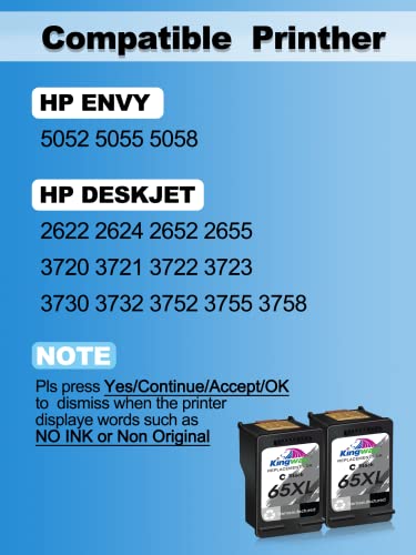 KINGWAY 65 Ink Cartridge for HP Printers, Remanufactured Replacement for 65XL 65 XL to use with Envy 5055 5052 5058 DeskJet 3755 2655 3720 3722 3723 3752 3758 2652 2624 Printer (2 Black)