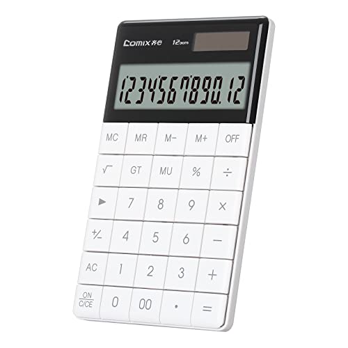 Comix Desktop Calculator with Large LCD Display and Big Button, 12 Digits Baisc Calculator, Battery Solar Dual Powered, for Office Home School C-1371 (White)