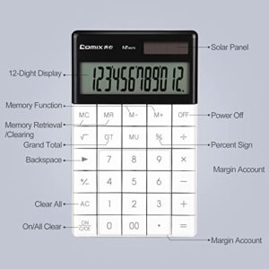 Comix Desktop Calculator with Large LCD Display and Big Button, 12 Digits Baisc Calculator, Battery Solar Dual Powered, for Office Home School C-1371 (White)