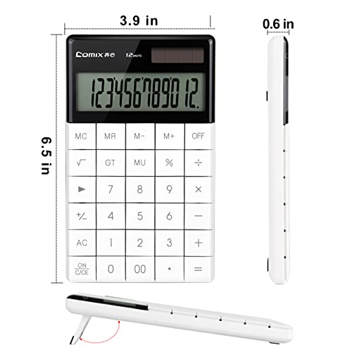 Comix Desktop Calculator with Large LCD Display and Big Button, 12 Digits Baisc Calculator, Battery Solar Dual Powered, for Office Home School C-1371 (White)