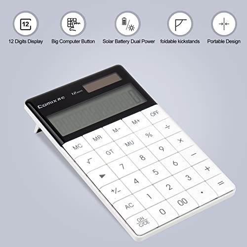 Comix Desktop Calculator with Large LCD Display and Big Button, 12 Digits Baisc Calculator, Battery Solar Dual Powered, for Office Home School C-1371 (White)