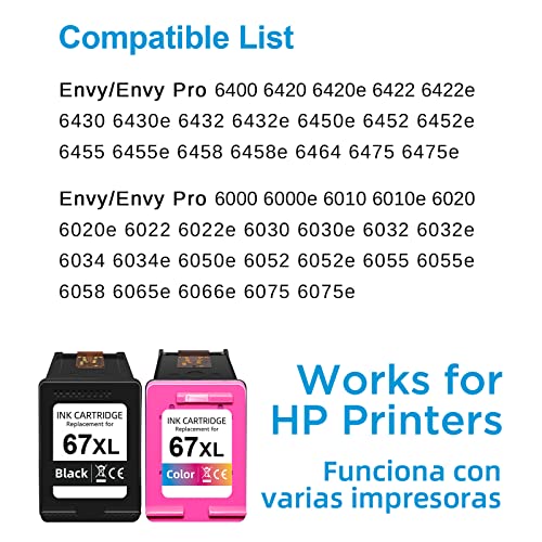 High Yield for HP Ink 67XL Black Color Combo Pack, for HP67 67 Ink Cartridges Compatible for HP Envy 6055e 6000, DeskJet 2755e 2700, 4155e 4100 6055 6455e 6400 4100e 2700e 6455 4155 2742e 2755 Printer