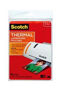 scotch thermal laminating pouches premium quality, 5 mil thick for extra protection, 20 pack photo size laminating sheets, our most durable lamination pouch, 5 x7 inches, clear (tp5903-20)