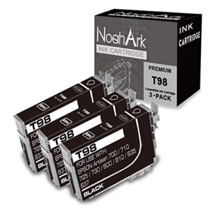 noahark 3 packs t098 remanufactured ink cartridge replacement for epson 98 use for epson artisan 700 710 725 730 800 810 835 837 printer (3 black)