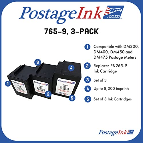 PostageInk.com 765-9 Non-OEM Ink Cartridge Replacement for SendPro C Auto, DM300c, DM400c, DM450c and DM475c Postage Meters, Pack of 3