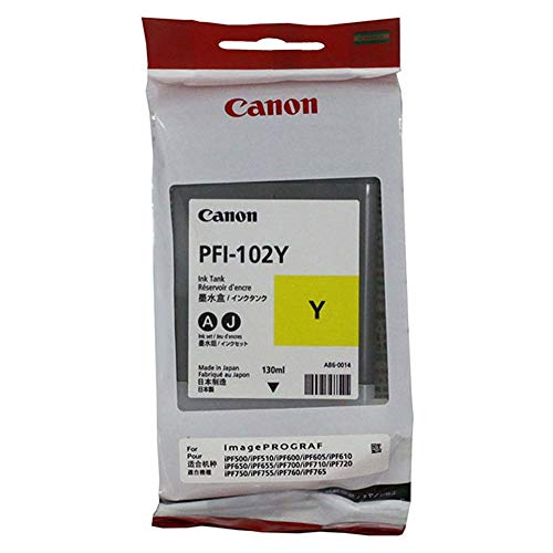 Canon PFI-102Y 0898B001AA ImagePrograf iPF500 510 600 605 610 650 655 700 710 720 750 755 760 765 130 ML Ink Cartridge (Yellow) in Retail Packaging