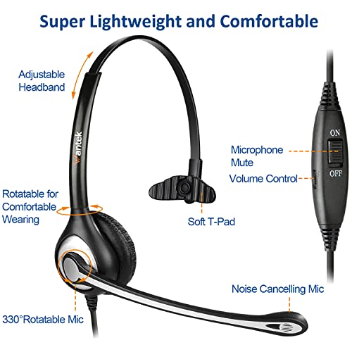 Wantek Phone Headset with Microphone Noise Cancelling, RJ9 Office Telephone Headsets Compatible with Yealink T20P T21P T26P T23G T46G T48G T42S T46S Avaya 1608 9608 9611 Grandstream Panasonic Snom