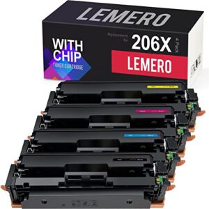 lemero (206x with chip compatible toner cartridge replacement for hp 206a 206x w2110x w2111x w2112x w2113x to use with color laserjet pro m255dw m283fdw m283cdw (black cyan magenta yellow, 4 pack)