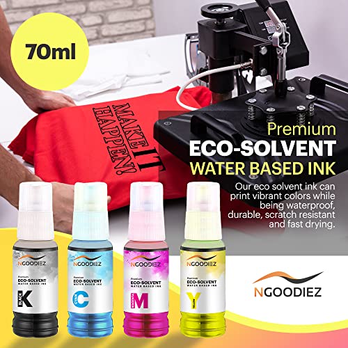 NGOODIEZ Eco Solvent Ink Auto-Fill Water Based Ink, Conversion Kit Refill Ink for Epson EcoTank & Workforce Printers - Ideal for HTV, Vinyl Stickers, Decals, T-Shirts, Mugs (1B/1C/1M/1Y, 4x70ml)