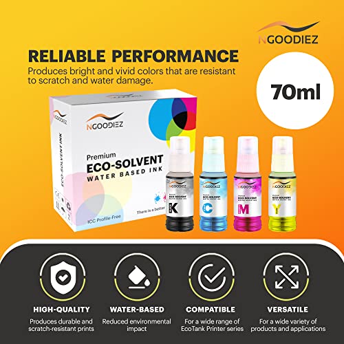 NGOODIEZ Eco Solvent Ink Auto-Fill Water Based Ink, Conversion Kit Refill Ink for Epson EcoTank & Workforce Printers - Ideal for HTV, Vinyl Stickers, Decals, T-Shirts, Mugs (1B/1C/1M/1Y, 4x70ml)