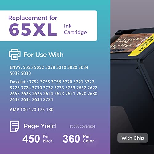 MYCARTRIDGE 65XL Remanufactured Ink Cartridge Replacement for HP 65 65XL Black and Color Ink Cartridge for Envy 5055 5052 Deskjet 3752 2652 2655 3758 2624 3720 3755 Printer