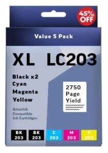 brother lc 203 compatible ink cartridge value pack. works with mfc-j480dw mfc-j880dw mfc-j4420dw mfc-j680dw mfc-j885dw printers. 5 pack 2 black, cyan, magenta, yellow