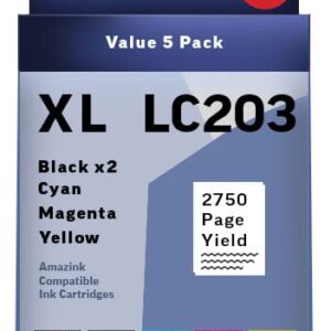 Brother LC 203 Compatible Ink Cartridge Value Pack. Works with MFC-J480DW MFC-J880DW MFC-J4420DW MFC-J680DW MFC-J885DW Printers. 5 Pack 2 Black, Cyan, Magenta, Yellow