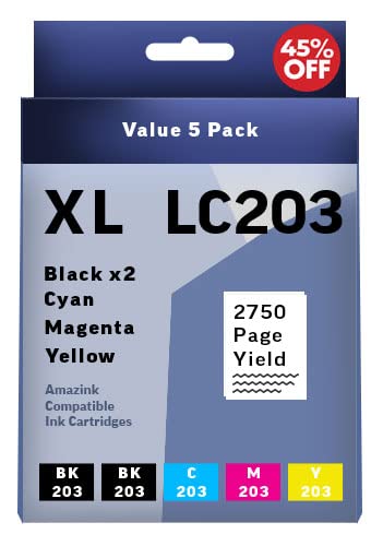 Brother LC 203 Compatible Ink Cartridge Value Pack. Works with MFC-J480DW MFC-J880DW MFC-J4420DW MFC-J680DW MFC-J885DW Printers. 5 Pack 2 Black, Cyan, Magenta, Yellow