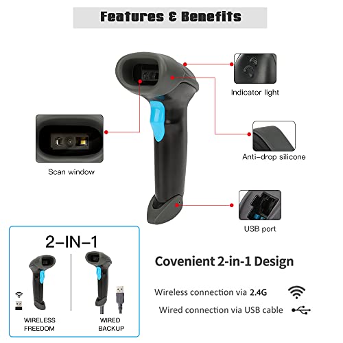 2D 1D 2.4G Wireless Bar Code Scanner Versatile 2 in 1 (Wireless+Wired) for Computers PC, UNIDEEPLY Automatic Barcode Reader Scanner 196 Feet Indoor Transmission Distance, QR PDF417 Scanning Gun, Black