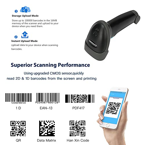 2D 1D 2.4G Wireless Bar Code Scanner Versatile 2 in 1 (Wireless+Wired) for Computers PC, UNIDEEPLY Automatic Barcode Reader Scanner 196 Feet Indoor Transmission Distance, QR PDF417 Scanning Gun, Black