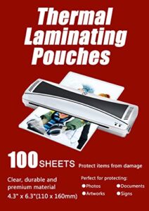 halcent 4″x6″ thermal laminating pouches, 3 mil thermal laminator pouches sheets for sealed photo card documents, glossy laminate pouch 100-pack(4.3″ x 6.3″)