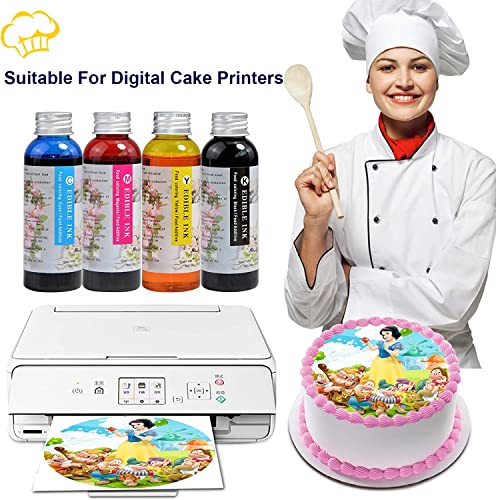 Topwang 4 Colors 100ML/Bottle Food Grade Bakey Ink refillable for Canon PGI-250 PGI270 PGI-280 Ink Cartridges Ca ke Ink C AKE Maker Print on Sugar Paper/Frosting Icing Sheet, Black,Cyan,Mageta,Yellow