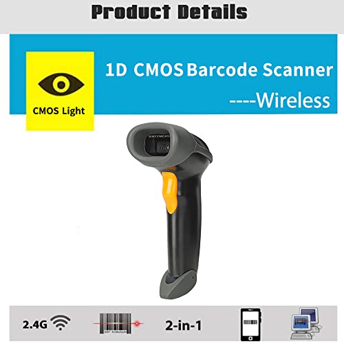 1D CCD 2.4G Wireless Bar Code Scanner Versatile 2 in 1 (Wireless+USB Wired), UNIDEEPLY Automatic Barcode Reader Scanner 196 Feet Indoor Transmission Distance, Scanning Gun for PC Computers, Black