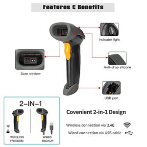 1D CCD 2.4G Wireless Bar Code Scanner Versatile 2 in 1 (Wireless+USB Wired), UNIDEEPLY Automatic Barcode Reader Scanner 196 Feet Indoor Transmission Distance, Scanning Gun for PC Computers, Black