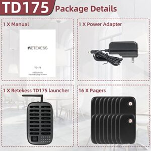 Retekess TD175 Restaurant Pager System,Pagers for Restaurants,Vibration Only,7 Call Modes,1640ft Long Range,16 Buzzers for Restaurant, Food Truck, Church Nursery
