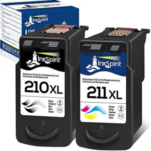 InkSpirit Remanufactured Ink Cartridge Replacement for Canon PG-210 CL-211 210XL 211XL Combo Pack for Pixma MP495 MX410 MX340 MP250 MX320 MP490 MX350 MX330 iP2702 MX420 MP280 iP2700 MX360 Printer