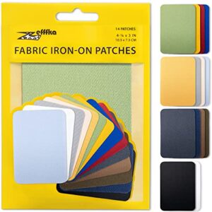 zefffka premium quality fabric iron-on patches inside & outside durable 100% cotton blue gray beige brown yellow red green repair decorating kit 14 pieces size 3″ by 4-1/4″ (7.5 cm x 10.5 cm)
