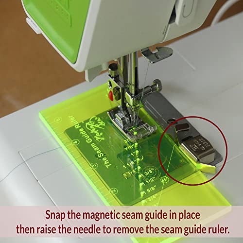 Madam Sew Seam Allowance Ruler and Magnetic Seam Guide for Sewing Machine | Perforated Seam Gauge for Perfect 1/8” to 2” Straight Line Hems | Includes 1/4” Pivot Point and 45 Degree Trim Line