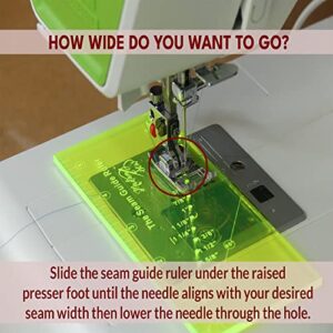 Madam Sew Seam Allowance Ruler and Magnetic Seam Guide for Sewing Machine | Perforated Seam Gauge for Perfect 1/8” to 2” Straight Line Hems | Includes 1/4” Pivot Point and 45 Degree Trim Line