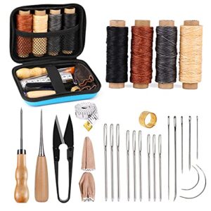 leather sewing kit, leather working tools and supplies, leather working kit with large-eye stitching needles, waxed thread, leather upholstery repair kit, leather sewing tools for diy leather craft