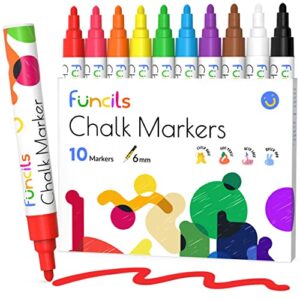 funcils liquid chalk markers for chalkboard signs, blackboard, window, labels, bistro, glass, car (10 pack, 6mm) – wet wipe erasable ink chalk board markers, reversible tip liquid chalk pens