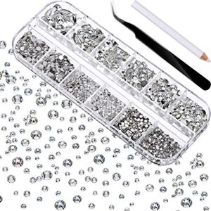 2000 pieces flat back gems rhinestones 6 sizes (1.5-6 mm) round crystal rhinestones with pick up tweezer and rhinestones picking pen for crafts nail clothes shoes bags diy art(clear)