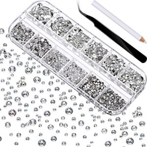 2000 Pieces Flat Back Gems Rhinestones 6 Sizes (1.5-6 Mm) Round Crystal Rhinestones with Pick up Tweezer and Rhinestones Picking Pen for Crafts Nail Clothes Shoes Bags DIY Art(Clear)