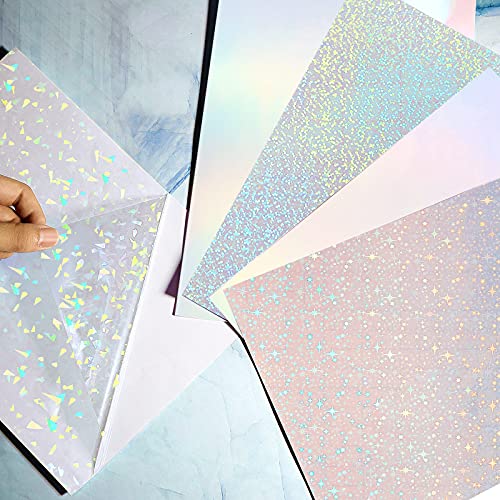 36 Sheets Holographic Sticker Paper Clear A4 Vinyl Sticker Paper Self-Adhesive Waterproof Transparent Film with Gem Spot Rainbow Star Patterns, 11.7 x 8.3 Inch (Gem, Dot, Colorful, Star)