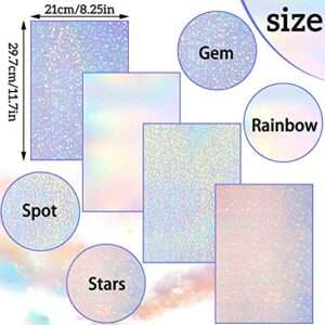 36 Sheets Holographic Sticker Paper Clear A4 Vinyl Sticker Paper Self-Adhesive Waterproof Transparent Film with Gem Spot Rainbow Star Patterns, 11.7 x 8.3 Inch (Gem, Dot, Colorful, Star)