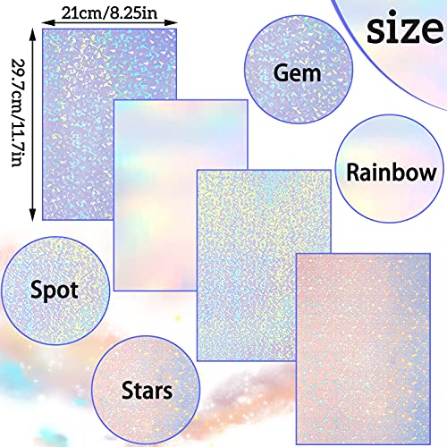 36 Sheets Holographic Sticker Paper Clear A4 Vinyl Sticker Paper Self-Adhesive Waterproof Transparent Film with Gem Spot Rainbow Star Patterns, 11.7 x 8.3 Inch (Gem, Dot, Colorful, Star)