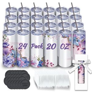 sublimation tumblers bulk 20 oz skinny, 24 pack stainless steel double wall insulated straight sublimation tumbler cups blank white with lid, straw, individually box,polymer coating for heat transfer