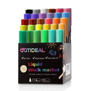 gotideal liquid chalk markers, 30 colors premium window chalkboard neon pens, including 4 metallic colors, painting and drawing for kids and adults, bistro & restaurant, wet erase – reversible tip