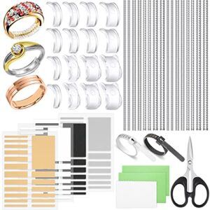 100 pcs ring size adjuster with ring size measuring tool for loose rings, plug-in invisible ring spiral silicone tightener eva foam ring size adjuster set with polishing cloth fit any rings sizes.