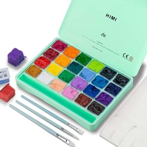 himi gouache paint set, 24 colors x 30ml/1oz with 3 brushes & a palette, unique jelly cup design, non-toxic, guache paint for canvas watercolor paper – perfect for beginners, students, artists(green)