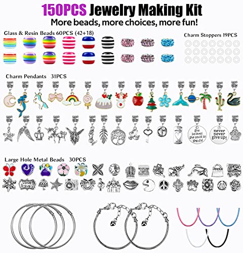 Charm Bracelet Making Kit, Gionlion 150 Pcs Jewelry Making Supplies Including European Beads Charm Pendants Snake Chains, Unicorn Gifts Set for Teen Girls Arts and Crafts for Kids Ages 5 6 7 8 9 10-12