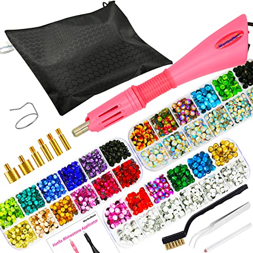 Worthofbest Hotfix Rhinestone Setter, Applicator ToolKit, Hot Fixed Wand Bedazzler Kit, 4080Pcs, AB Crystal, Clear, 14 Colors, 7 Tips, 4 Gems Sizes, Tweezers, , Jewel Picker, Trays, Zip Bag