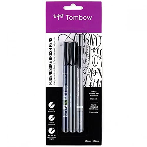 Tombow 62039 Fudenosuke Brush Pens, 3-Pack. Soft, Hard, and Twin Tip Markers for Calligraphy and Art Drawings