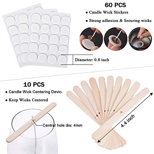 Bulk Candle Wicks 100 Pcs with 60Pcs Candle Wick Stickers and 10 Pcs Wooden Candle Wick Centering Device for Soy Beeswax Candle Making (6inch)